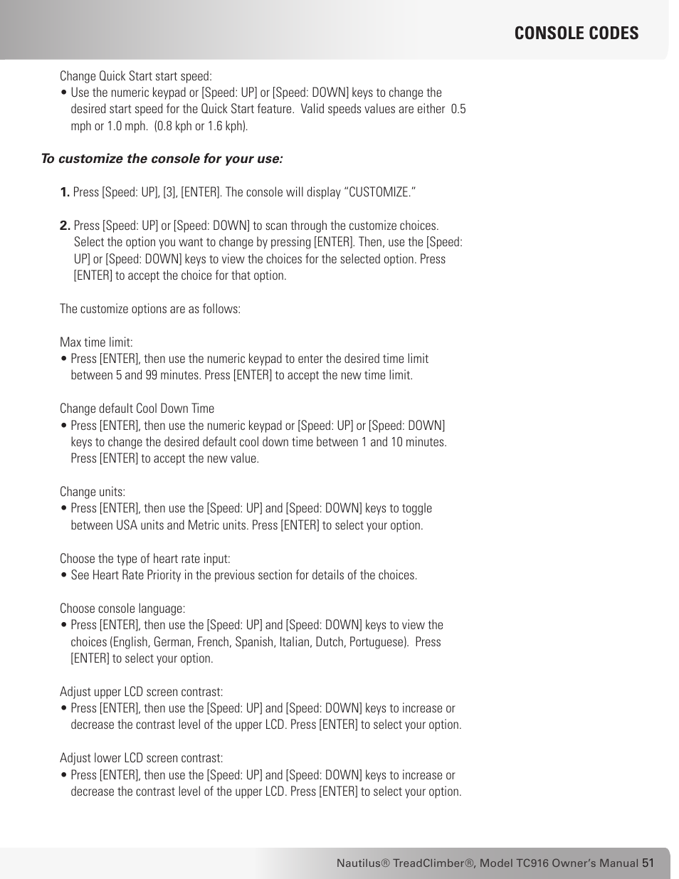 Console codes | Nautilus TREADCLIMBER TC916 User Manual | Page 51 / 62