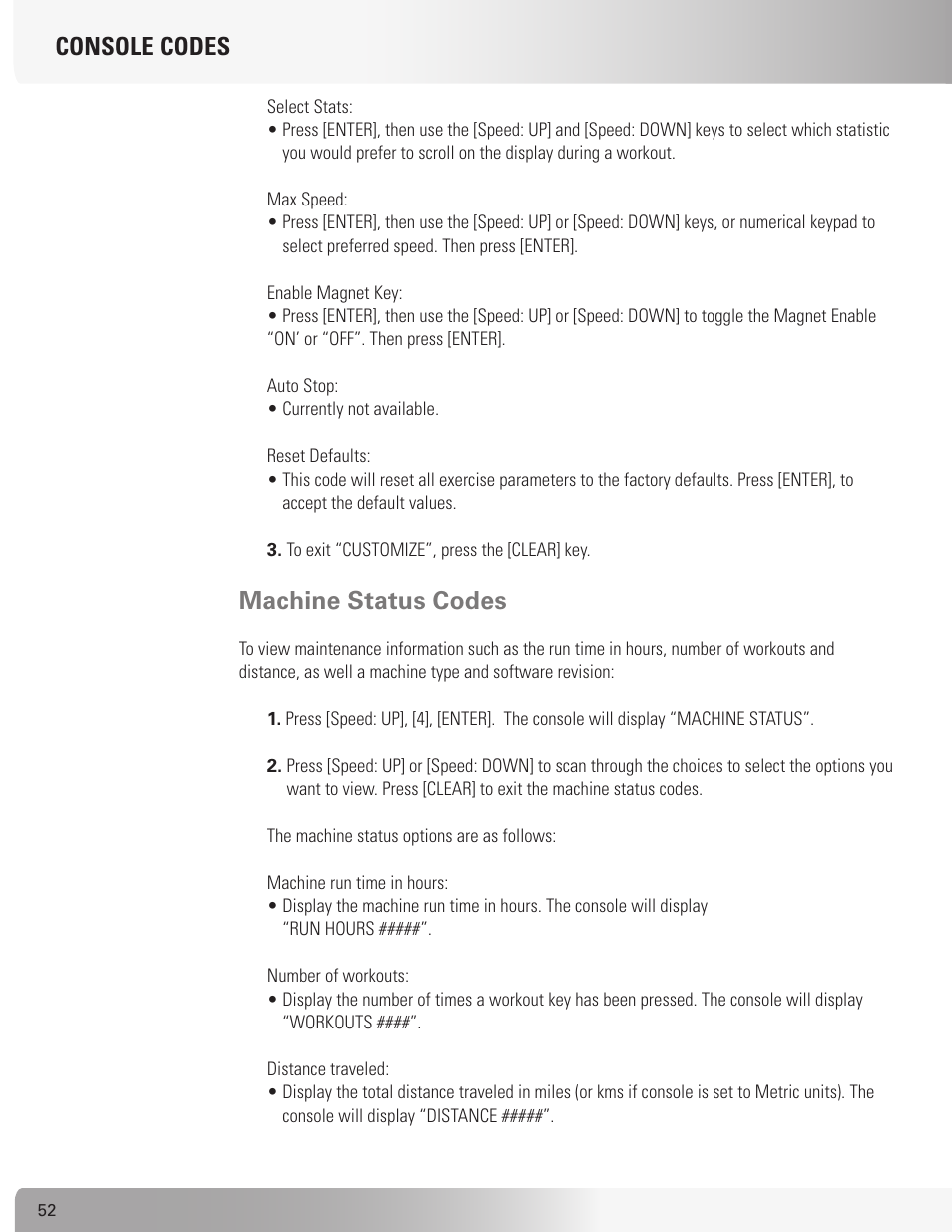 Console codes, Machine status codes | Nautilus TREADCLIMBER TC916 User Manual | Page 52 / 62