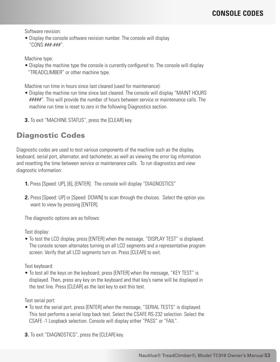Diagnostic codes, Console codes | Nautilus TREADCLIMBER TC916 User Manual | Page 53 / 62