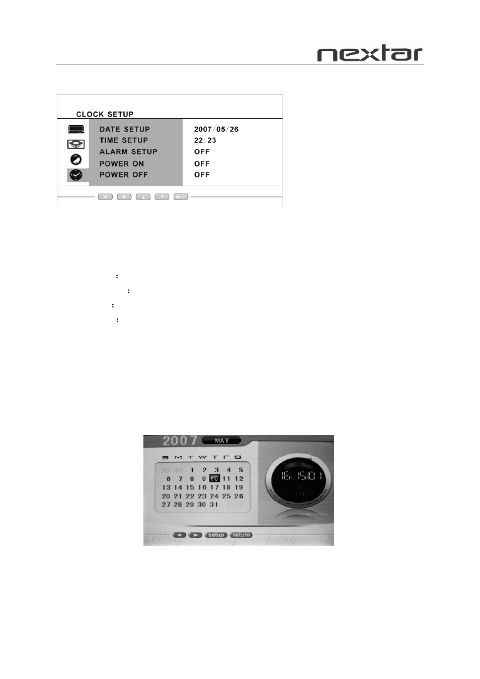 How to setup the clock, Clock setup, Function | Nextar N7W-1BE User Manual | Page 14 / 16