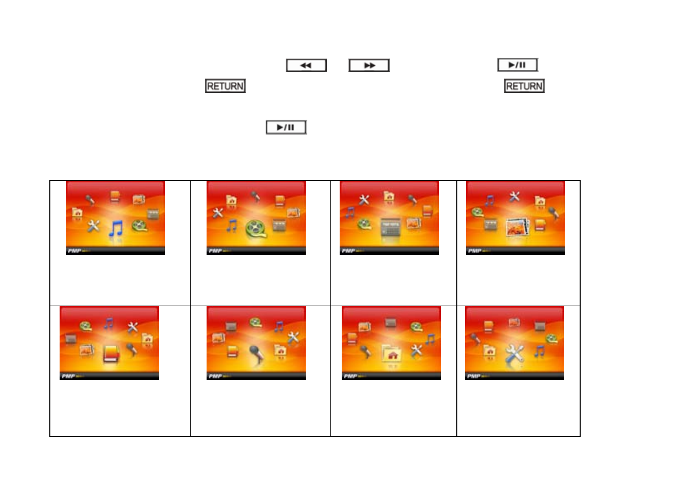 Main menu, Music, Video | Radio, Photo, E-book, Record, Explorer, Settings | Nextar T30 User Manual | Page 16 / 48