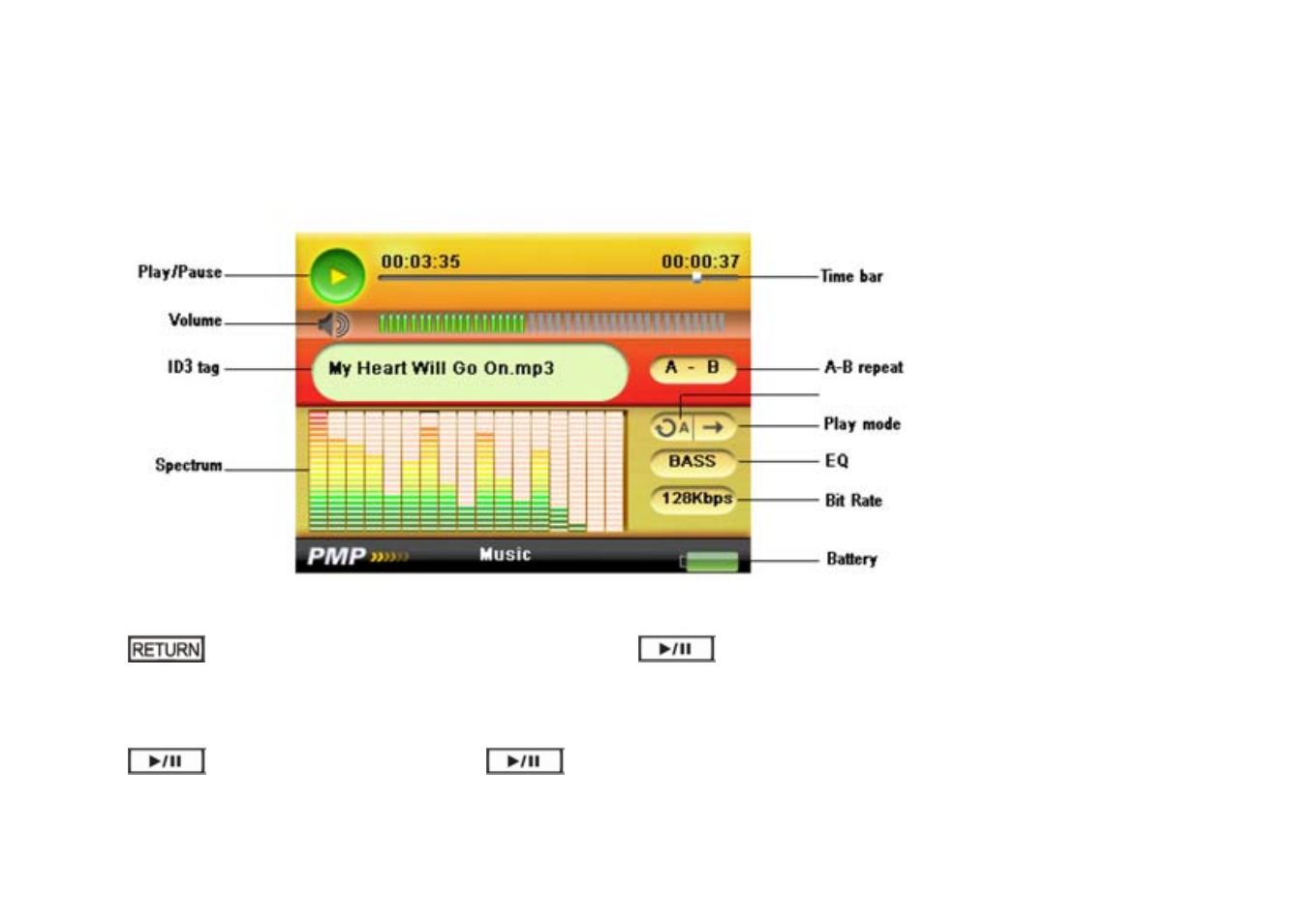 Listening to music, Display in play mode, Playback | Pause | Nextar T30 User Manual | Page 17 / 48