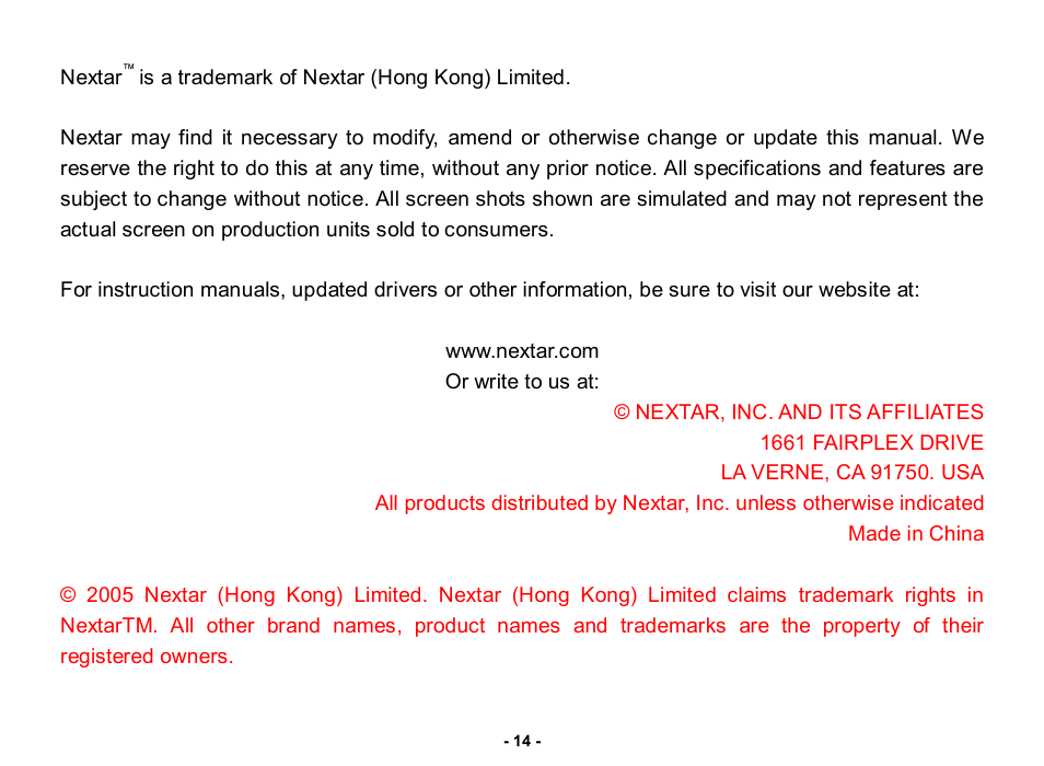 Nextar N3-505 User Manual | Page 14 / 14