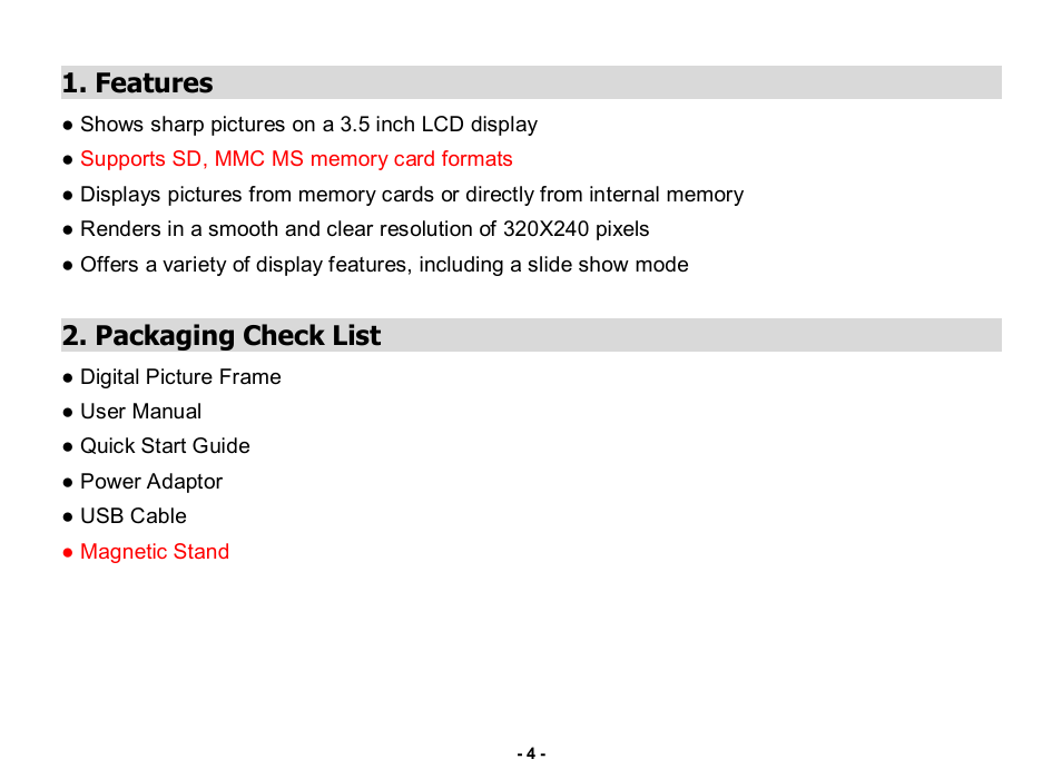 Features, Packaging check list | Nextar N3-505 User Manual | Page 4 / 14