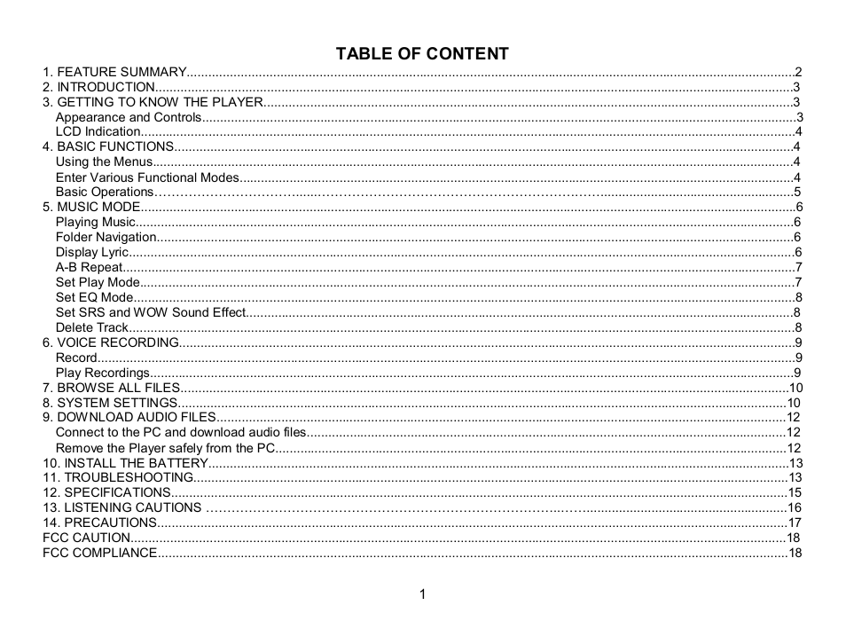 Table of content | Nextar MA588 User Manual | Page 2 / 20