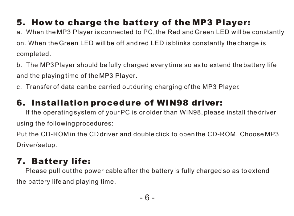 Т³гж 8, How to charge the battery of the mp3 player, Installation procedure of win98 driver | 6 - 7. battery life | Nextar MA968 User Manual | Page 8 / 9