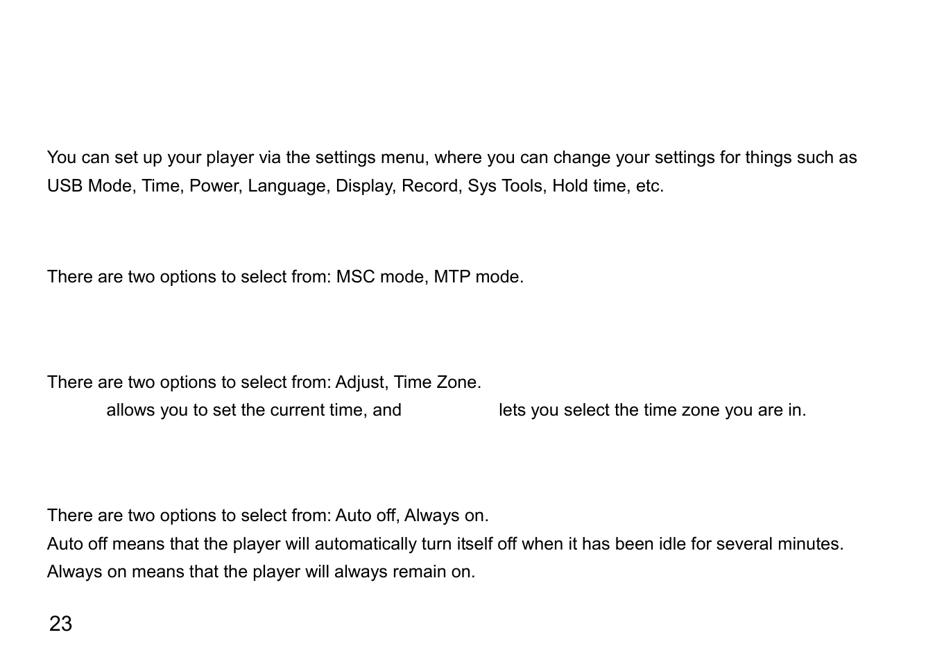 Setting up the player, Usb mode, Time | Power | Nextar MA791 User Manual | Page 27 / 33