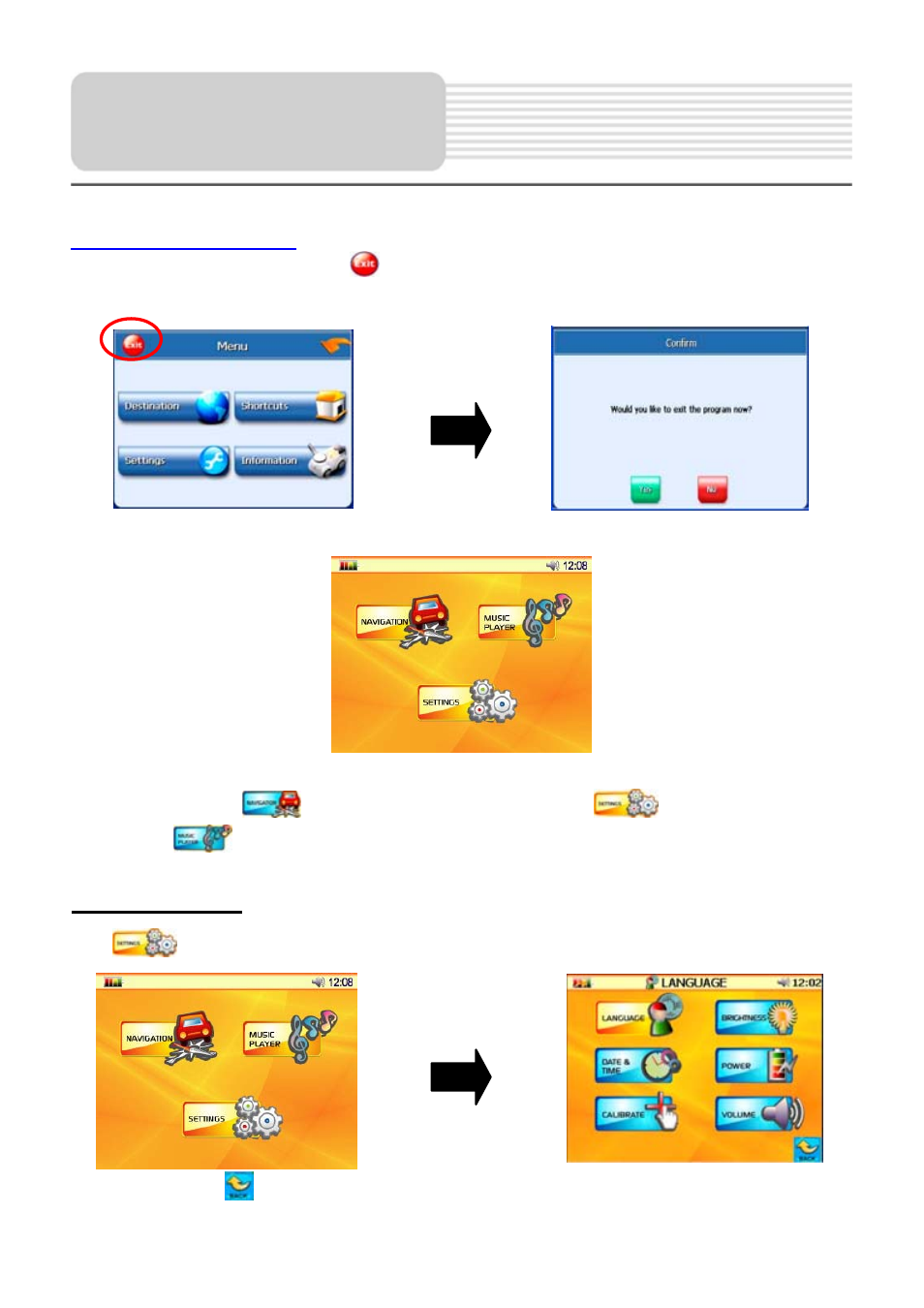 General setup, System main menu, Settings menu | Nextar X3-01 User Manual | Page 12 / 21