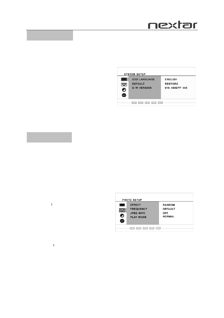 System setup, Operation, Photo setup | Nextar N7-110 User Manual | Page 7 / 8