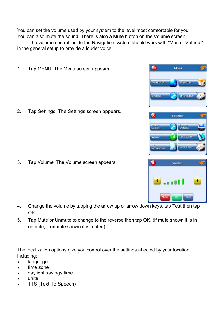 Volume, Localization | Nextar Global Positioning Satellites User Manual | Page 35 / 40