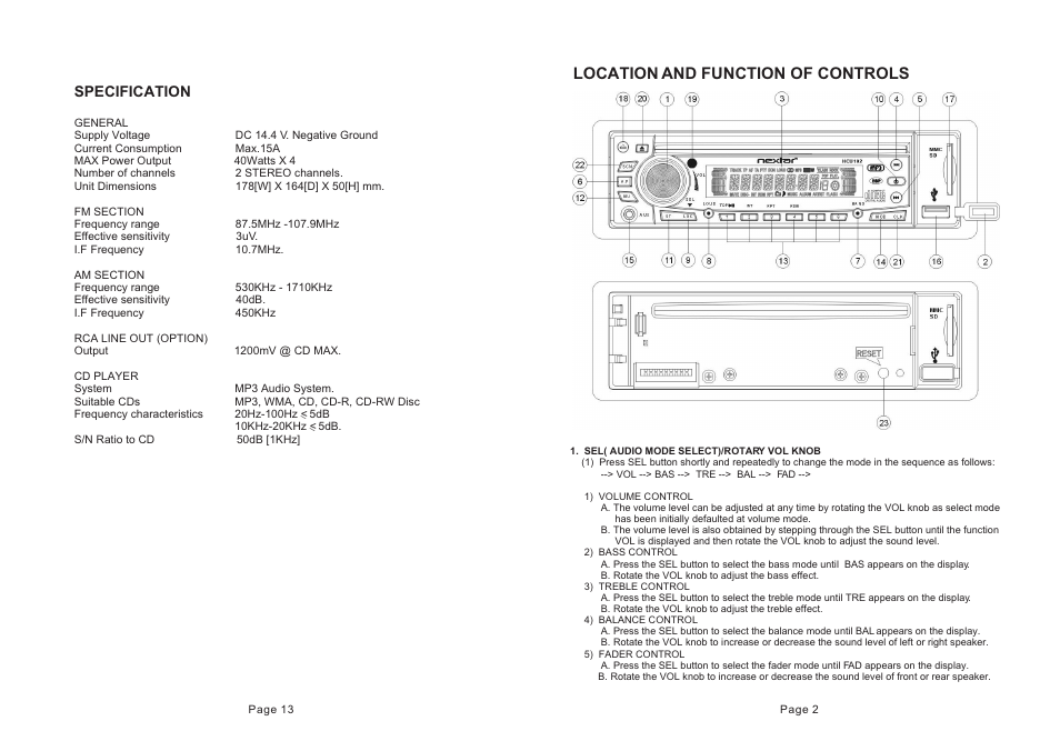 Location and function of controls, Specification | Nextar NCU103 User Manual | Page 3 / 8