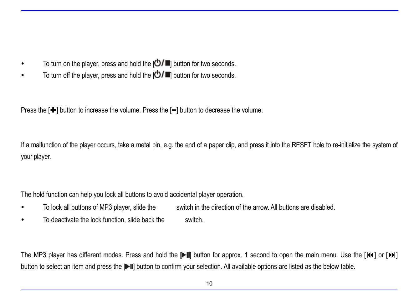 Basic operation, Turning on/off the player, Adjusting the volume | Resetting the player, Hold function, Selecting main menu or mode | Nextar MA715A User Manual | Page 14 / 44