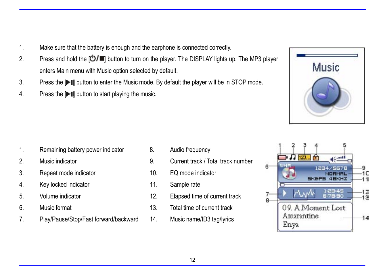 Listening to music, Turning on and playing, Display | Nextar MA715A User Manual | Page 16 / 44
