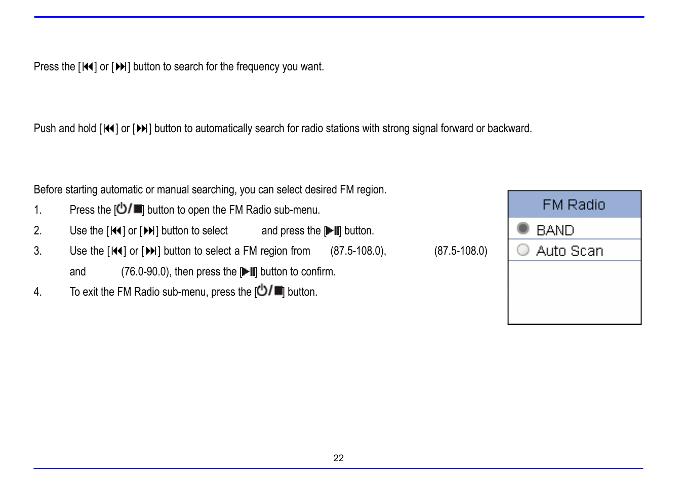 Manually searching a frequency, Automatically searching a frequency, Selecting fm region | Nextar MA715A User Manual | Page 26 / 44