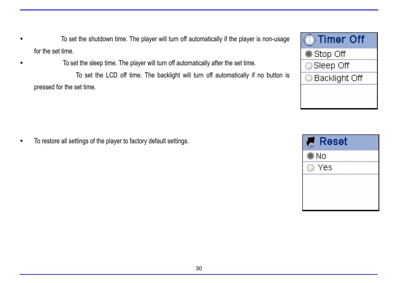 Setting time off, Reset settings | Nextar MA715A User Manual | Page 34 / 44