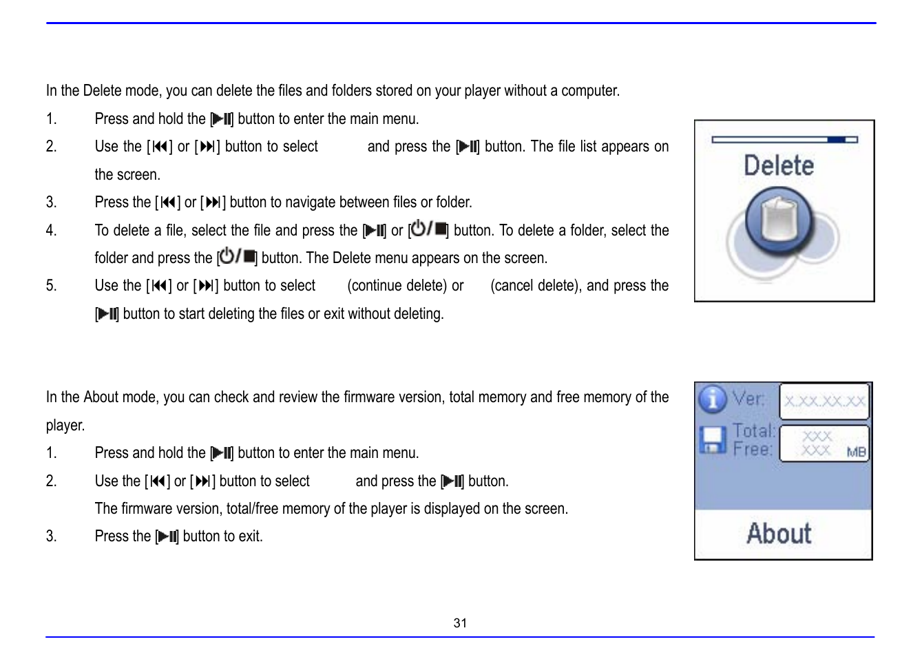 Deleting files, About | Nextar MA715A User Manual | Page 35 / 44