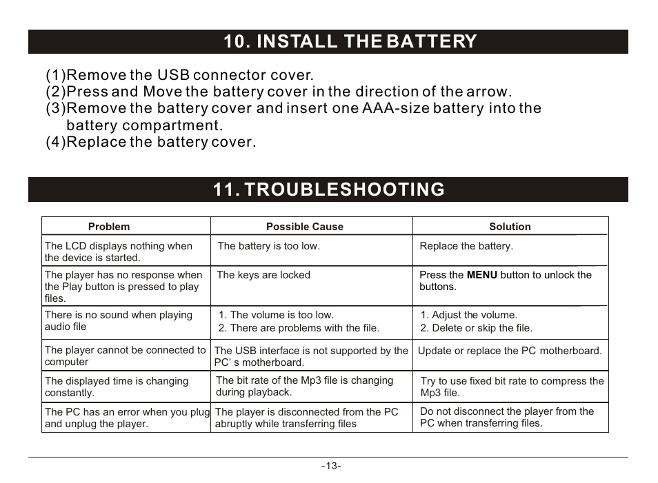 Т³гж 15, Install the battery 11. troubleshooting | Nextar MA933A User Manual | Page 15 / 23