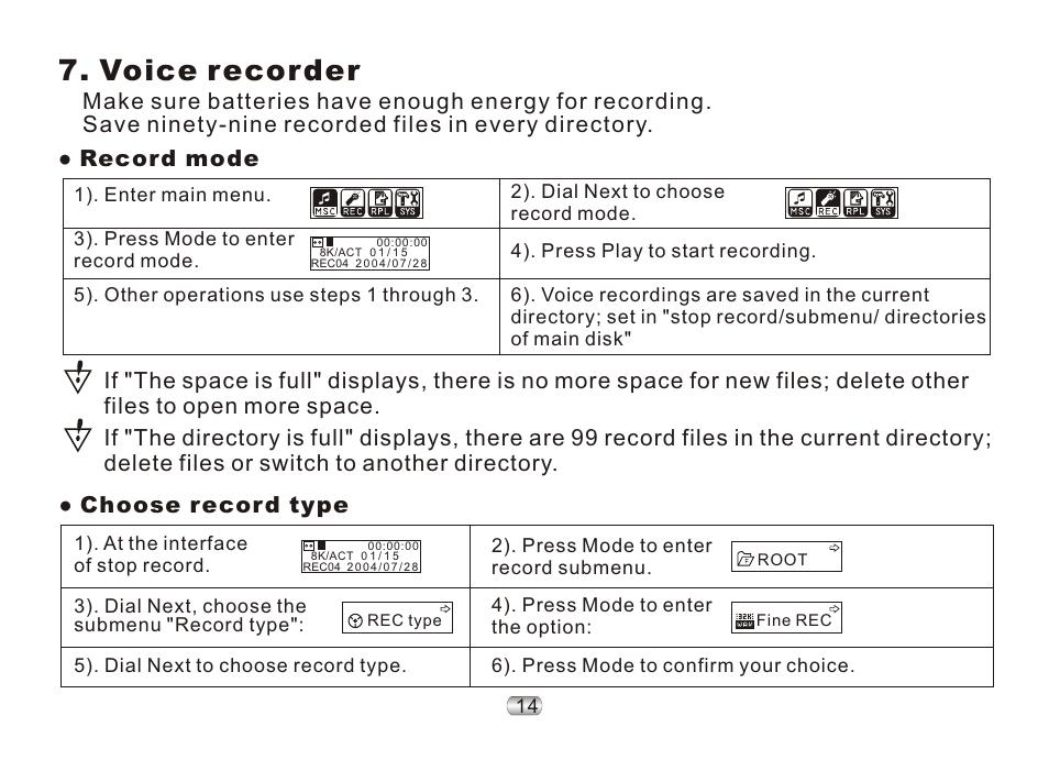 页 18, Voice recorder, Record mode | Choose record type | Nextar ma977 User Manual | Page 18 / 34