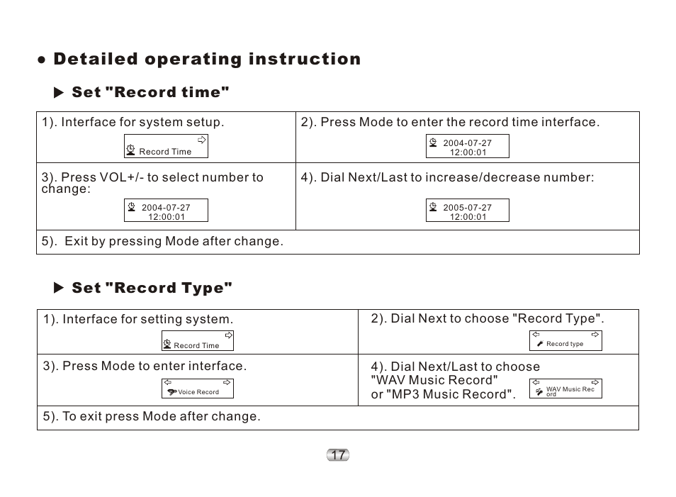 页 21, Detailed operating instr uction, Set "record time" set "record type | Nextar ma977 User Manual | Page 21 / 34
