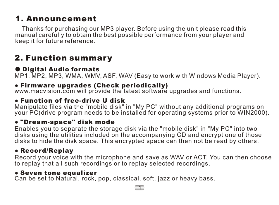 Function summar y, Announcement | Nextar ma977 User Manual | Page 5 / 34