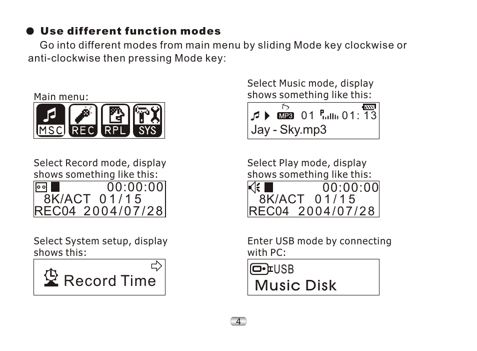 Record time, Music disk | Nextar ma977 User Manual | Page 8 / 34