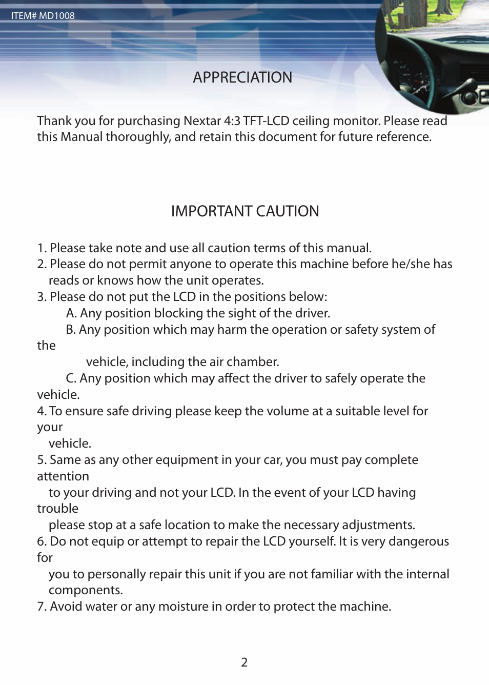 Appreciation, Important caution | Nextar MD1008 User Manual | Page 3 / 11
