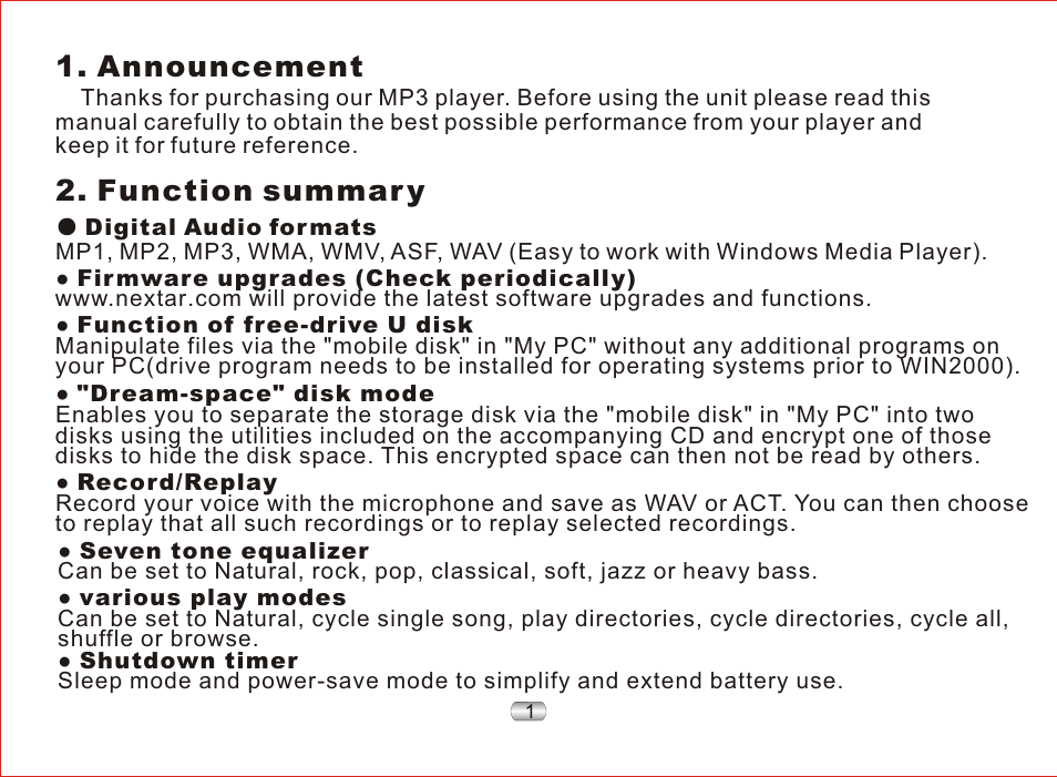 Function summar y, Announcement | Nextar MA97T User Manual | Page 5 / 33