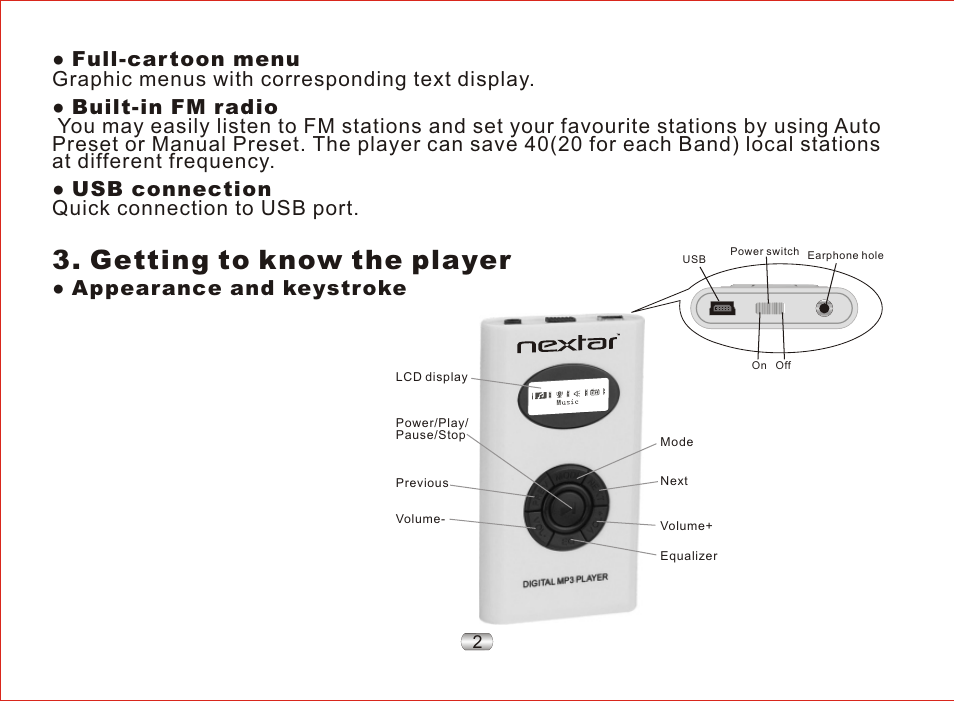 Getting to know the player, Appearance and keystroke | Nextar MA97T User Manual | Page 6 / 33
