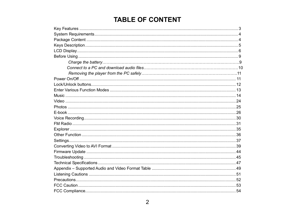 Table of content | Nextar MA809 User Manual | Page 2 / 56