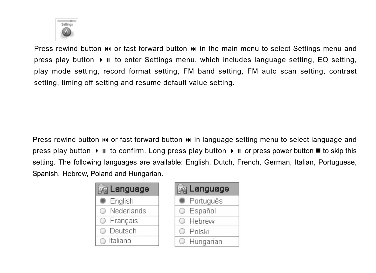 Settings, Language | Nextar MA715 User Manual | Page 32 / 46