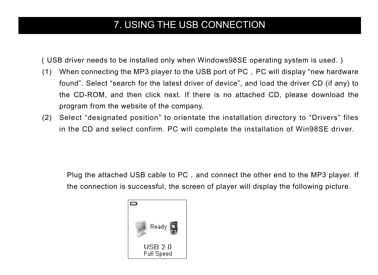 Usb driver installation, Connection and download, Connection to pc | Using the usb connection | Nextar MA715 User Manual | Page 8 / 46