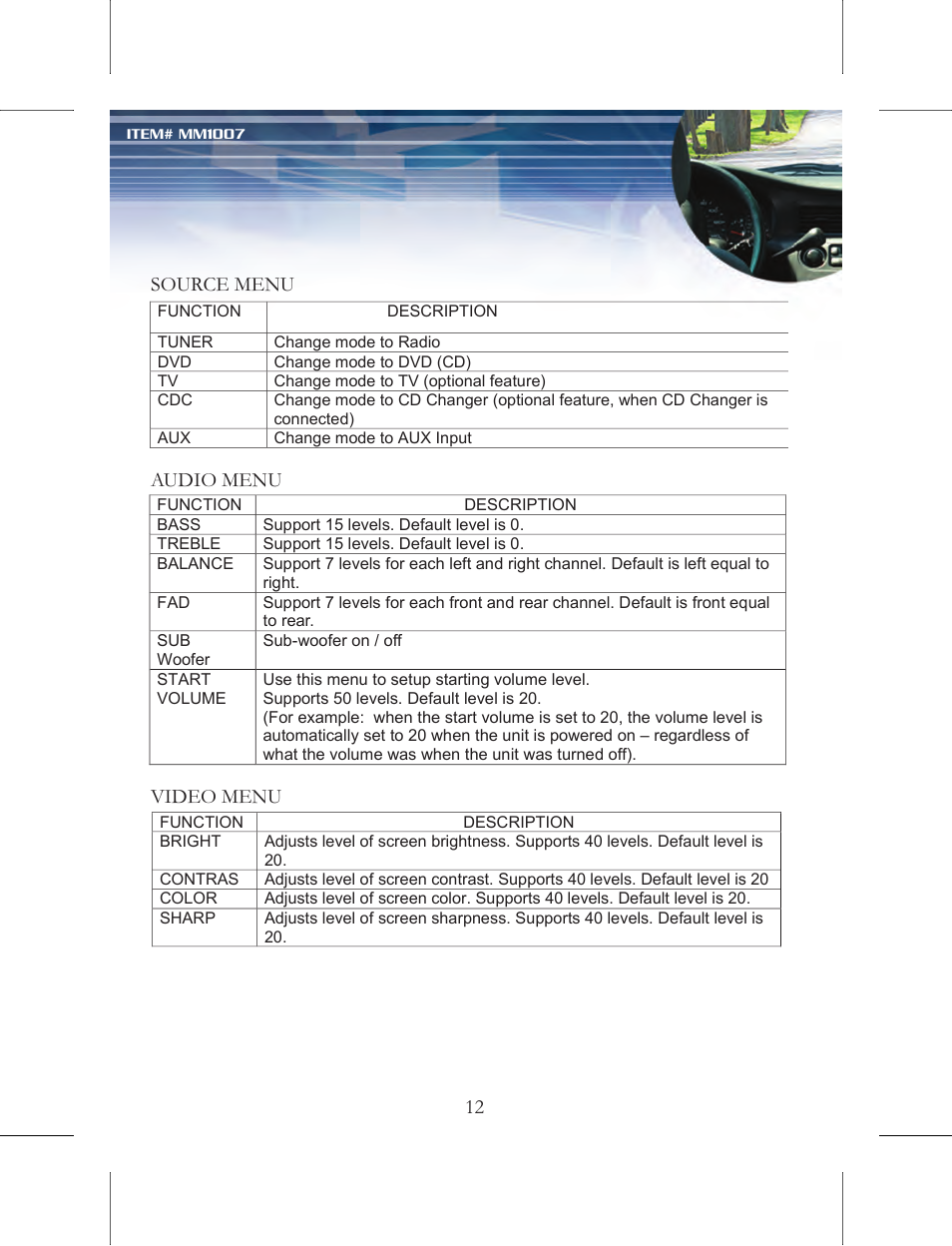 Source menu audio menu video menu 12 | Nextar MM1007 User Manual | Page 13 / 37