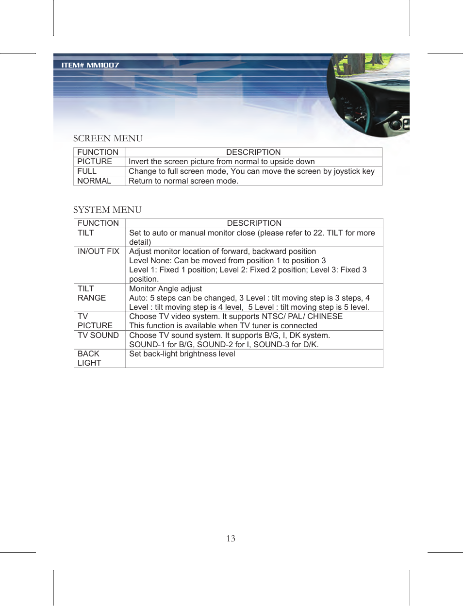 Screen menu system menu 13 | Nextar MM1007 User Manual | Page 14 / 37