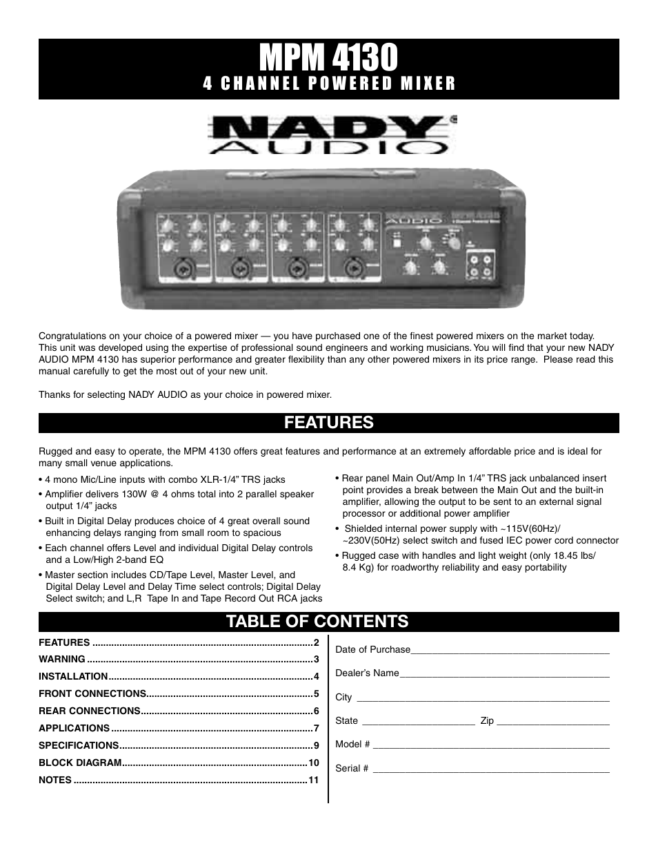 Mpm 4130, Features table of contents | Nady Systems MPM 4130 User Manual | Page 2 / 12