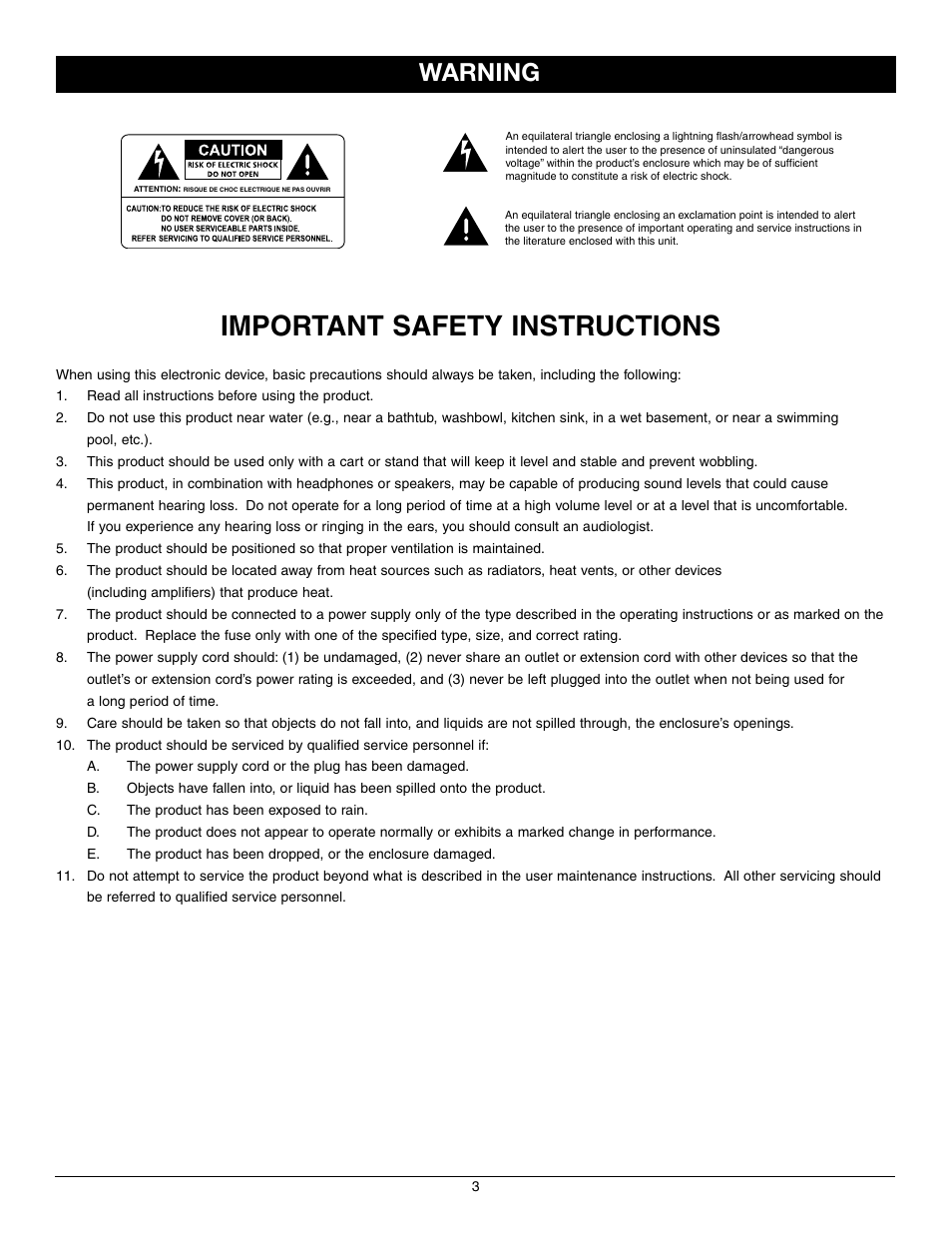 Important safety instructions, Warning | Nady Systems MPM 4130 User Manual | Page 3 / 12