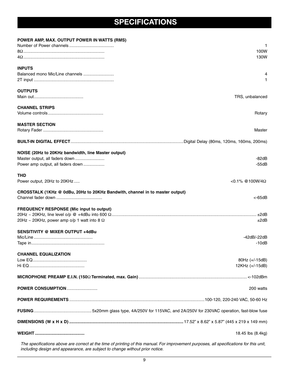 Specifications | Nady Systems MPM 4130 User Manual | Page 9 / 12