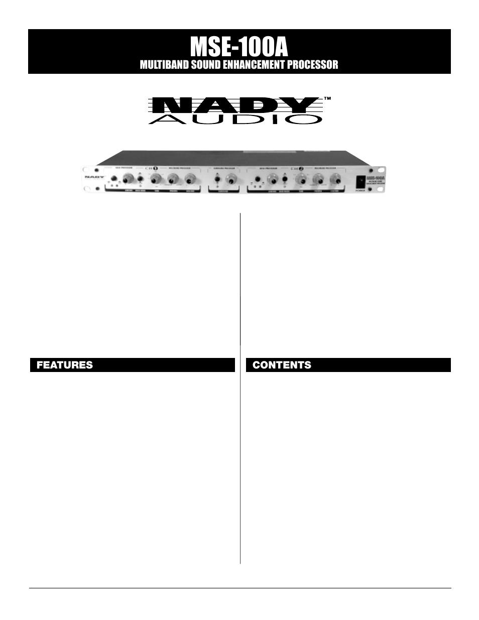 Mse-100a, Multiband sound enhancement processor, Features contents | Nady Systems MSE-100A User Manual | Page 2 / 10