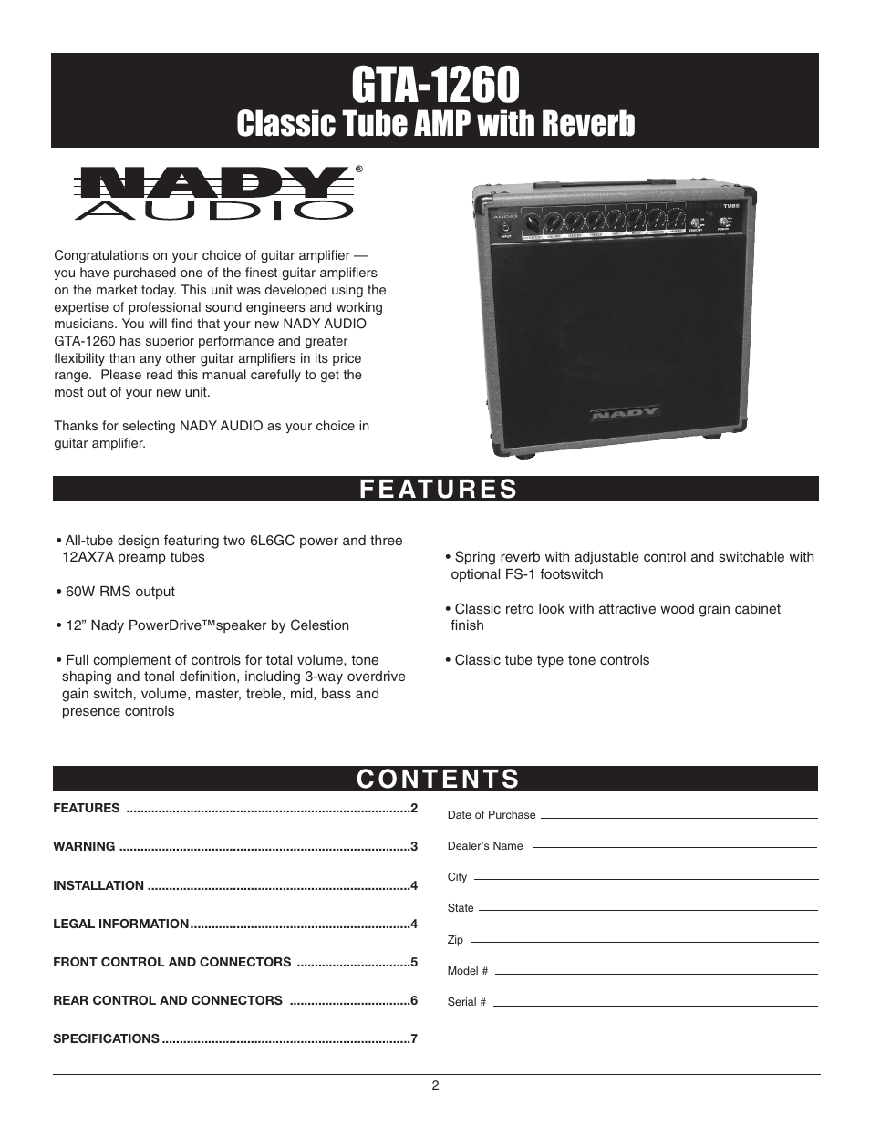 Gta-1260, Classic tube amp with reverb | Nady Systems GTA-1260 User Manual | Page 2 / 8