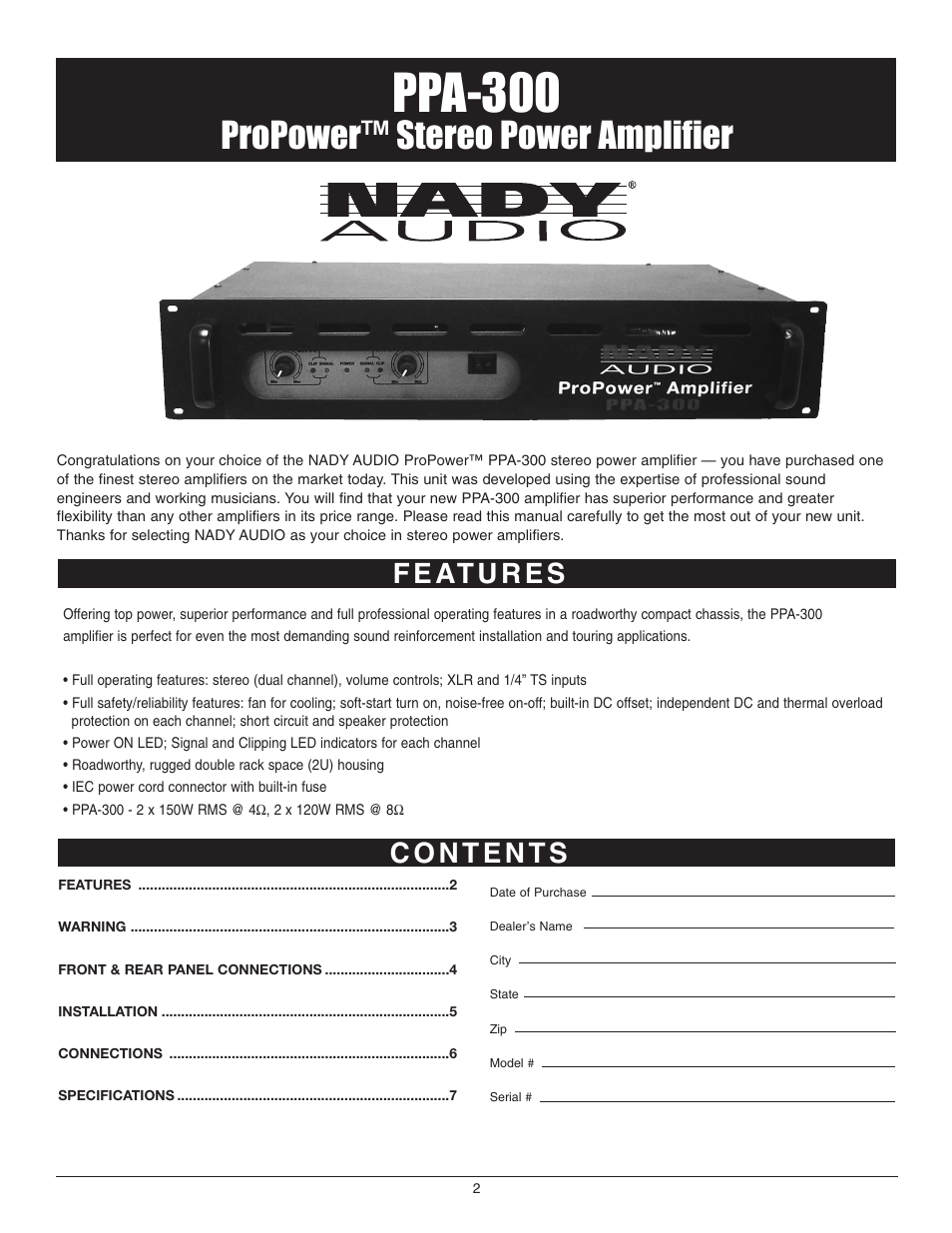 Ppa-300, Propower™ stereo power amplifier | Nady Systems PPA-300 User Manual | Page 2 / 8