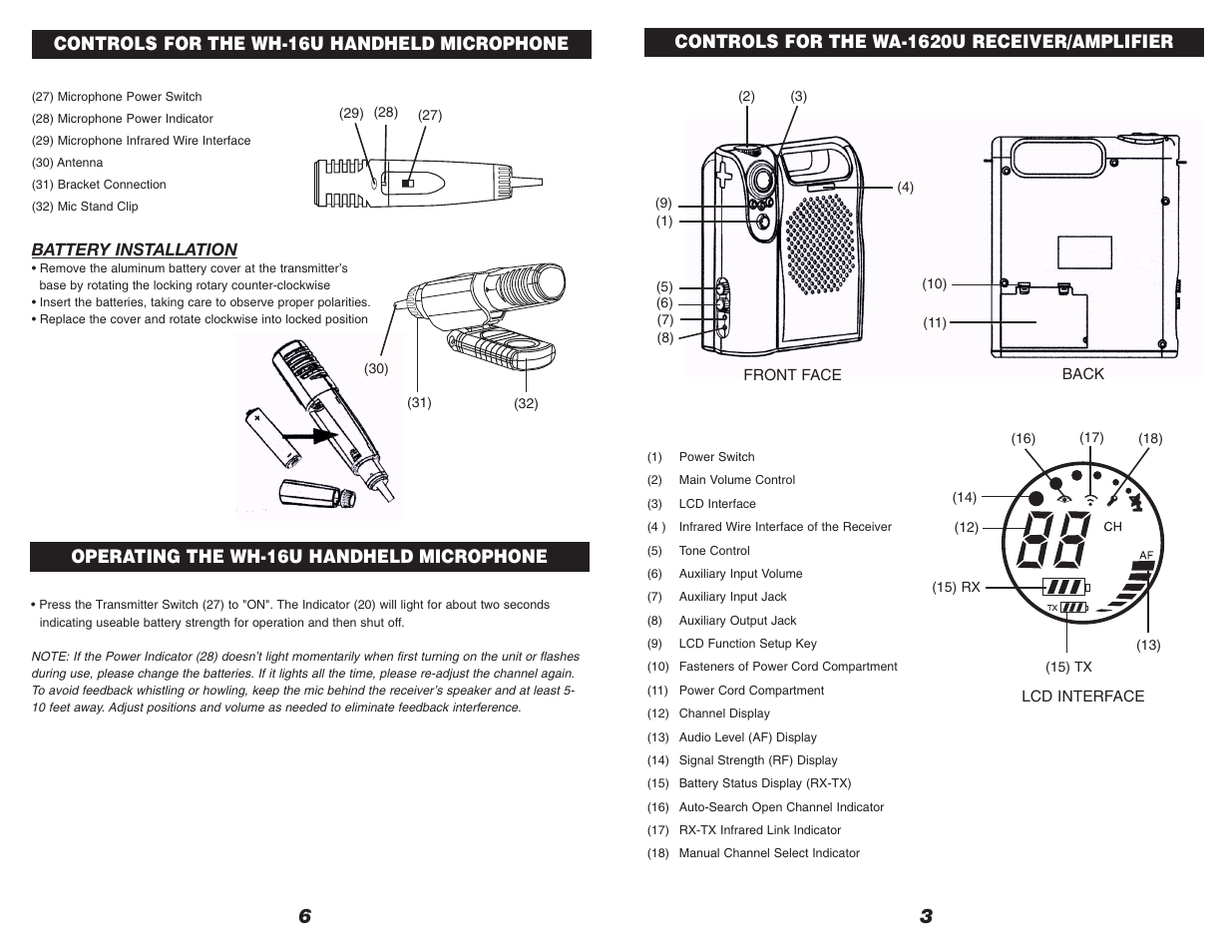 Controls for the wh-16u handheld microphone, Operating the wh-16u handheld microphone, Controls for the wa-1620u receiver/amplifier | Nady Systems WA-1620U User Manual | Page 3 / 4
