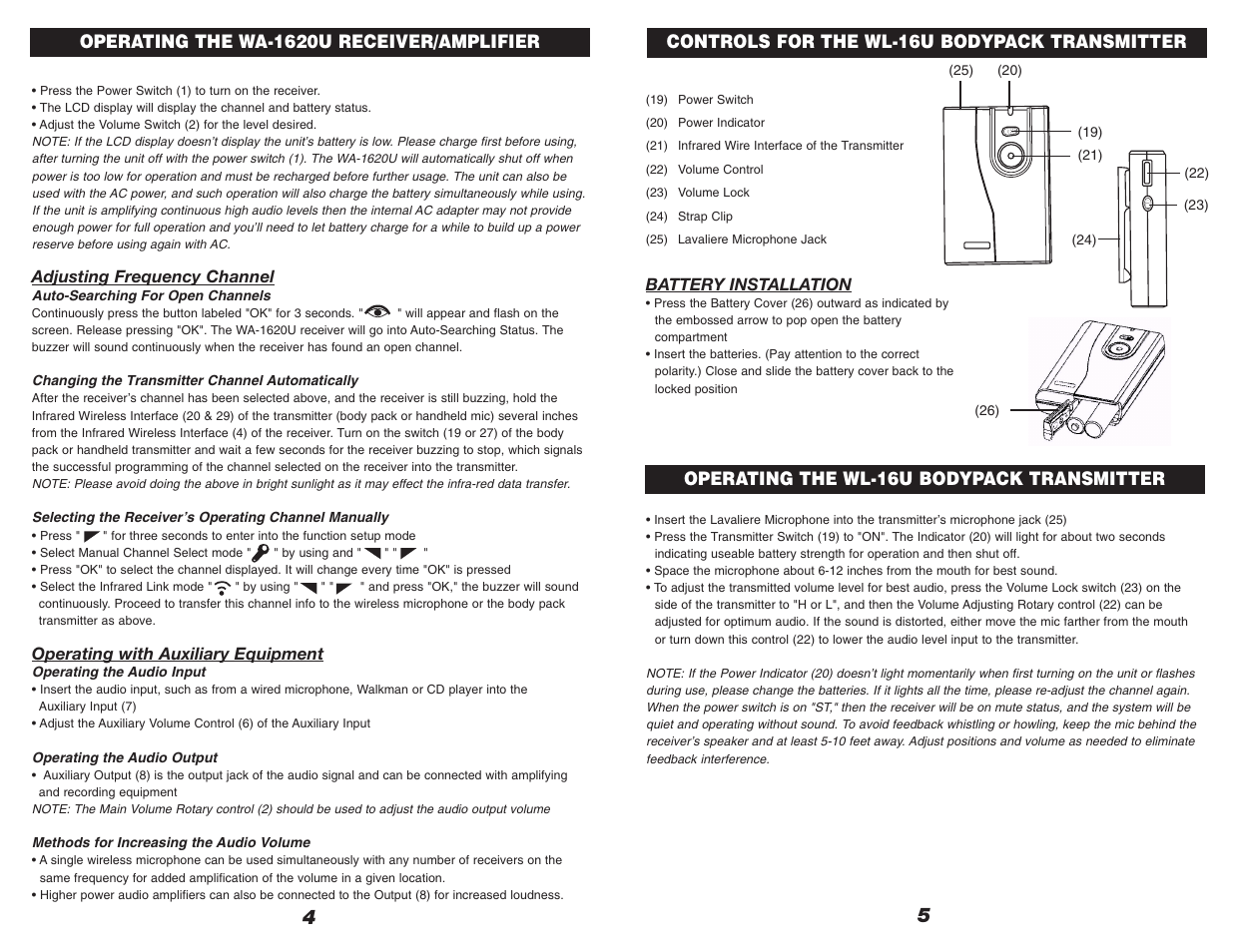 Controls for the wl-16u bodypack transmitter, Operating the wl-16u bodypack transmitter, Operating the wa-1620u receiver/amplifier | Nady Systems WA-1620U User Manual | Page 4 / 4