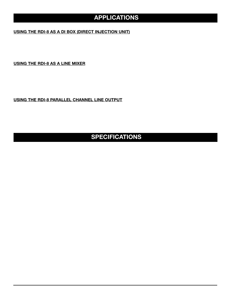 Applications, Specifications | Nady Systems RDI-8 User Manual | Page 6 / 8