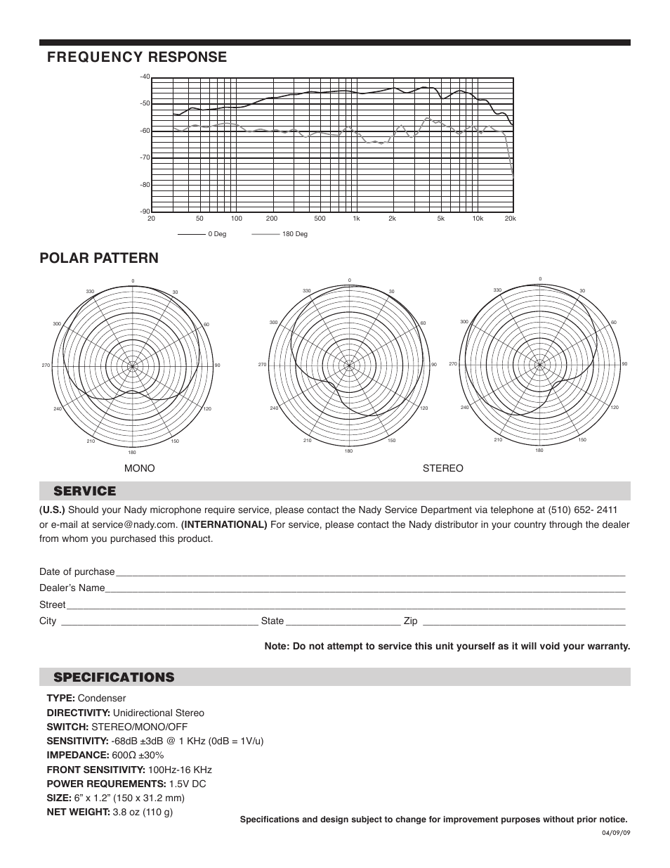 Frequency response, Polar pattern, Service specifications | Mono stereo | Nady Systems NADY AUDIO CM-4S User Manual | Page 2 / 2