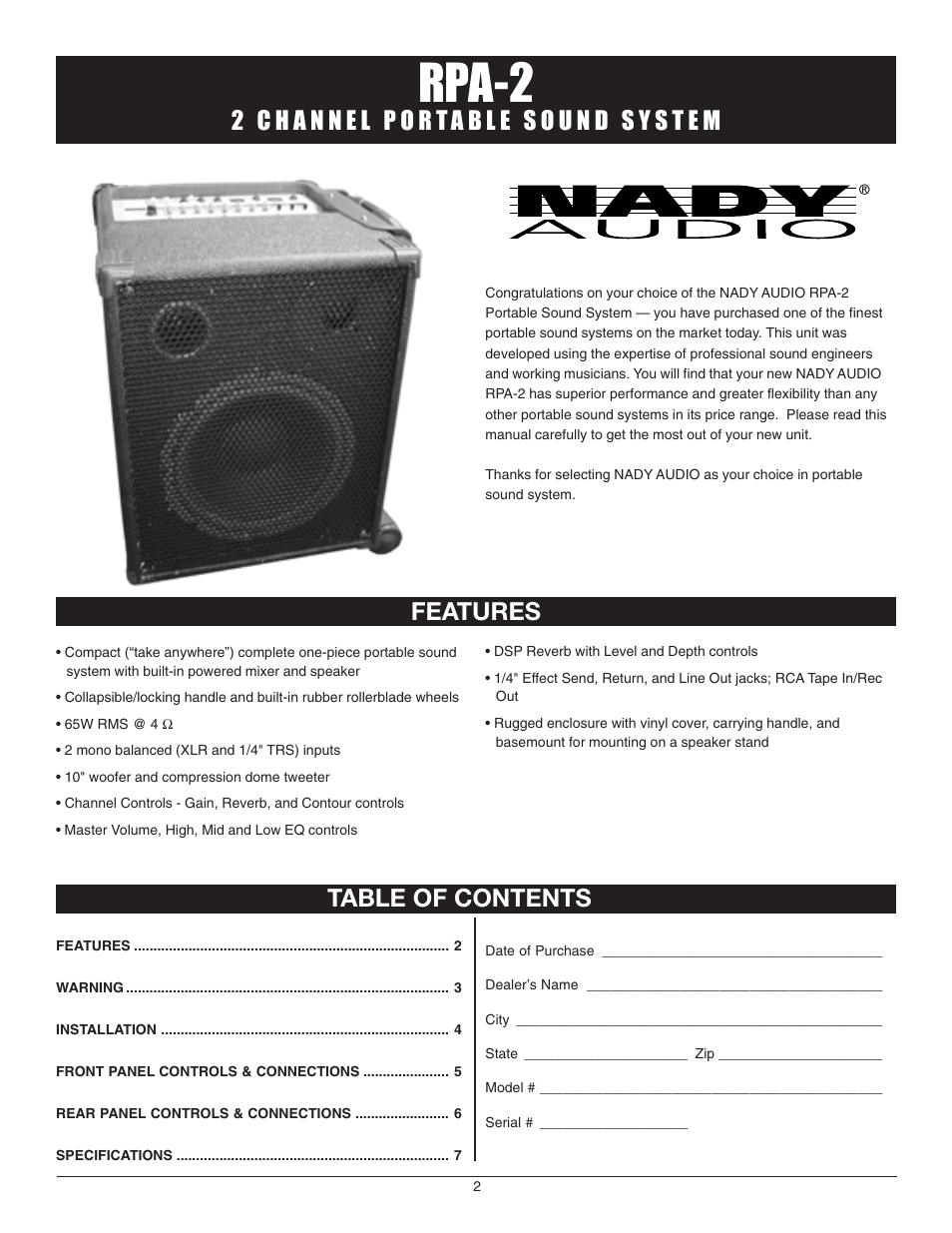 Rpa-2, Features table of contents | Nady Systems RPA-2 User Manual | Page 2 / 8