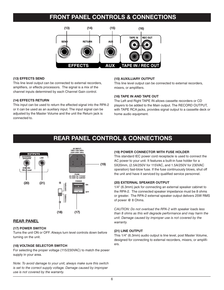 Rear panel control & connections, Front panel controls & connections | Nady Systems RPA-2 User Manual | Page 6 / 8