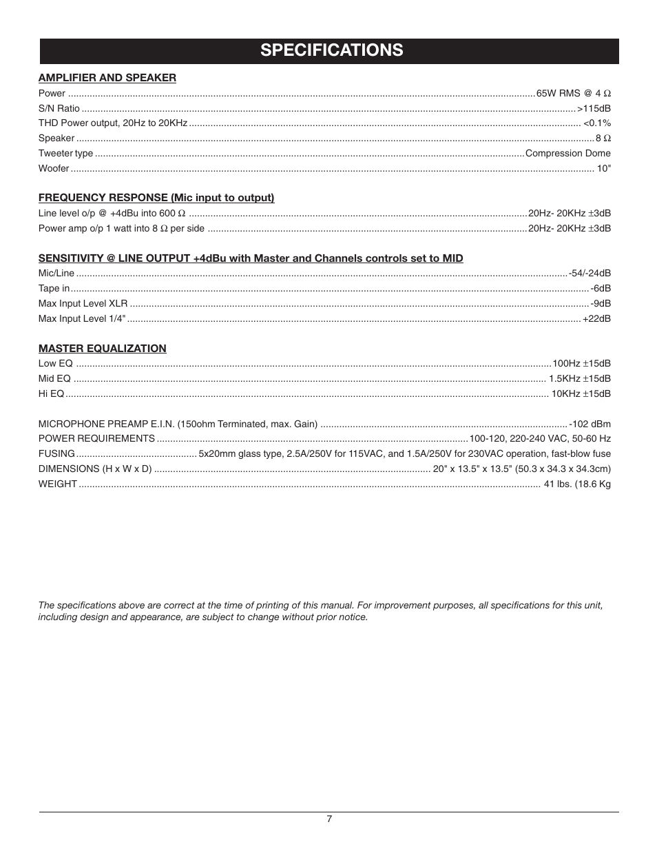 Specifications | Nady Systems RPA-2 User Manual | Page 7 / 8