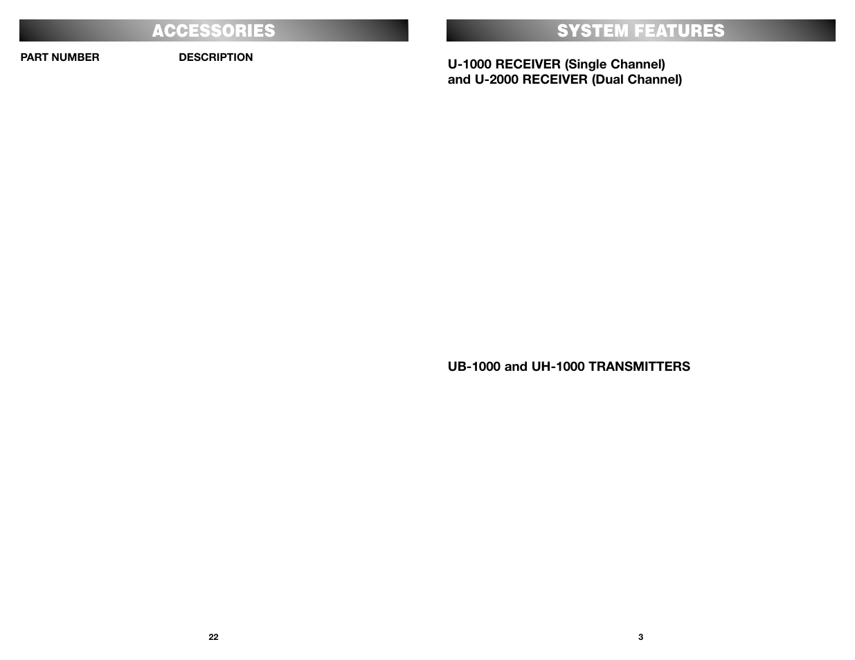 System features, Accessories | Nady Systems U-1000 User Manual | Page 3 / 12