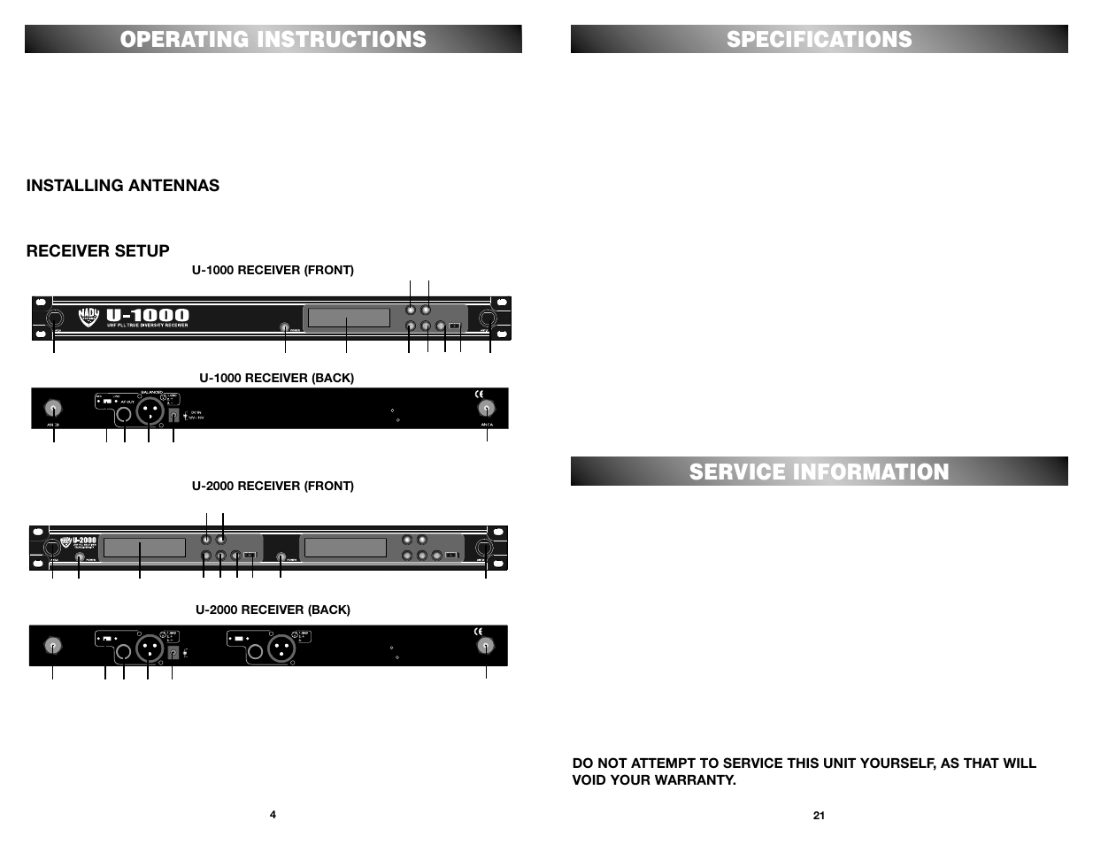 Specifications, Service information, Operating instructions | Installing antennas, Receiver setup | Nady Systems U-1000 User Manual | Page 4 / 12