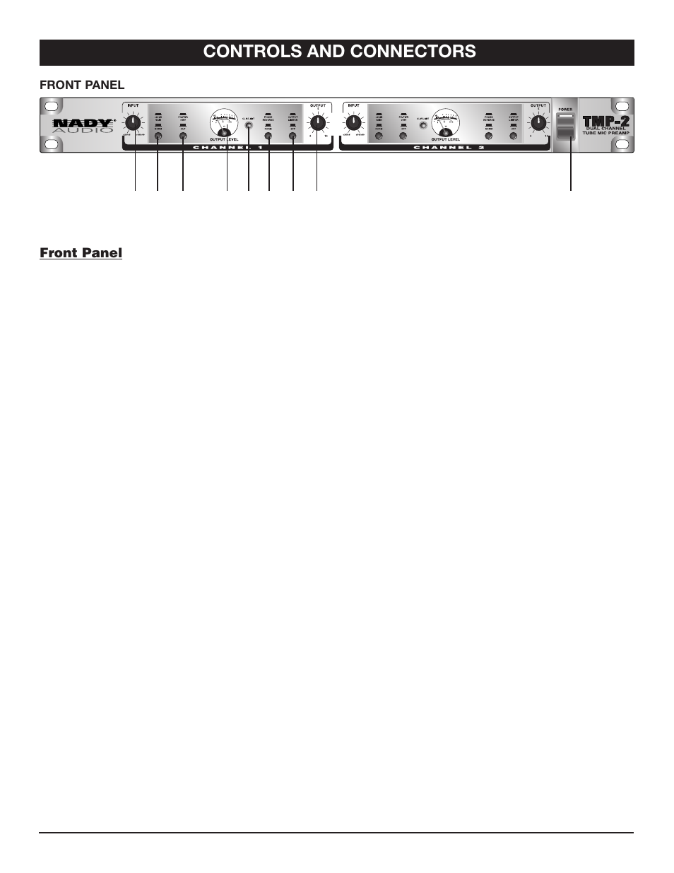 Controls and connectors, Front panel | Nady Systems TMP-2 User Manual | Page 5 / 8