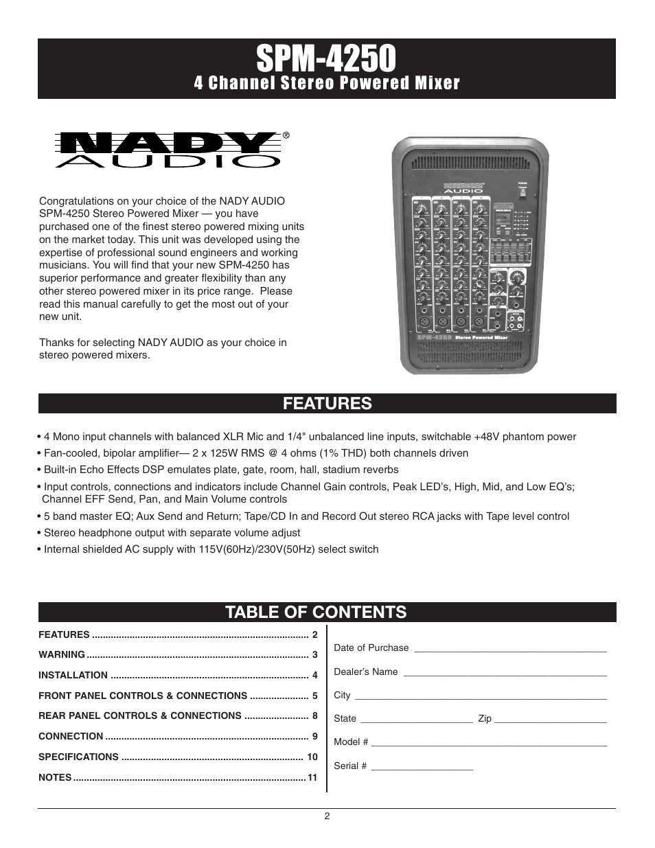 Spm-4250, 4 channel stereo powered mixer, Features table of contents | Nady Systems SPM-4250 User Manual | Page 2 / 12